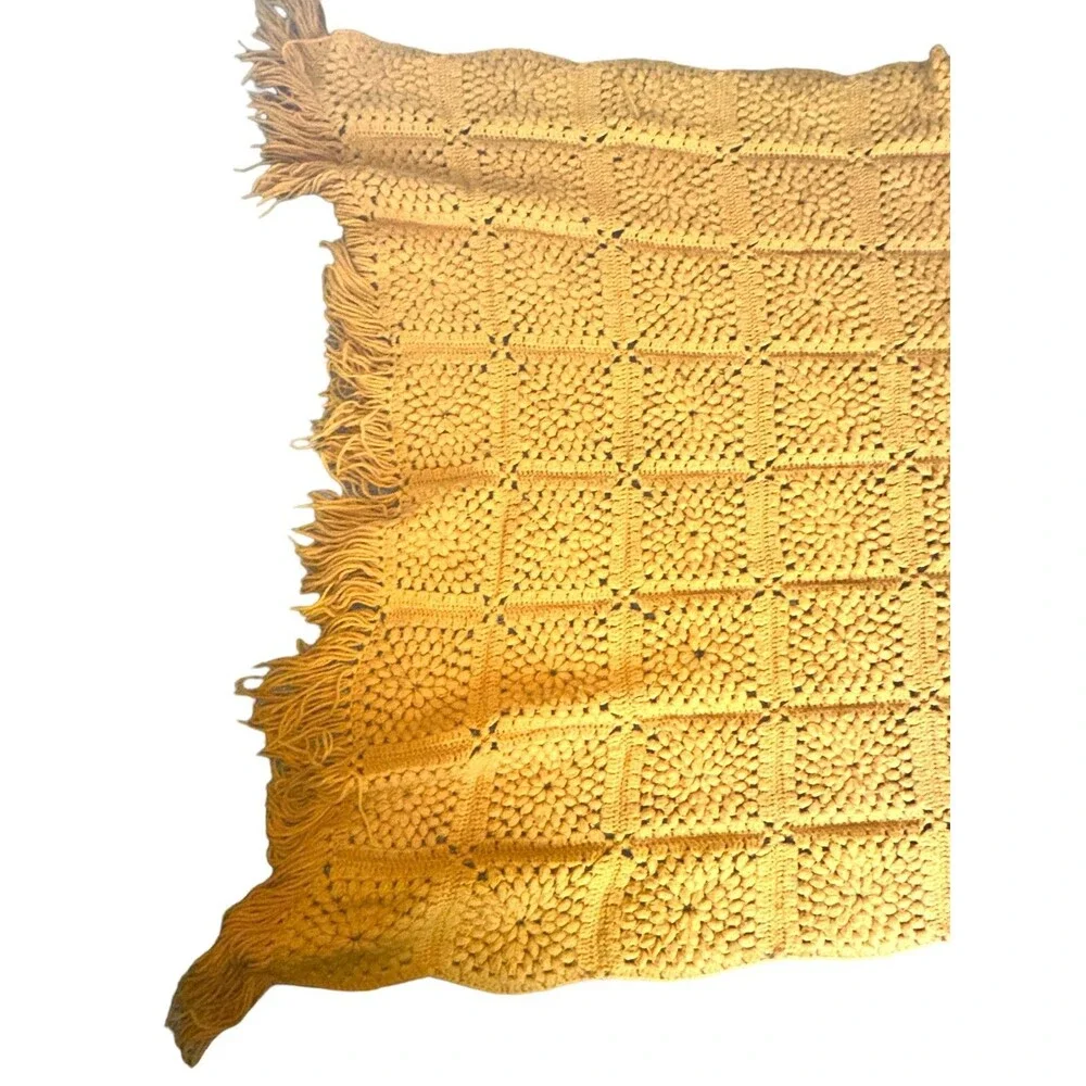 Handmade Yellow Crochet Afghan Blanket Vintage 70s Boho Cottagecore Throw Large